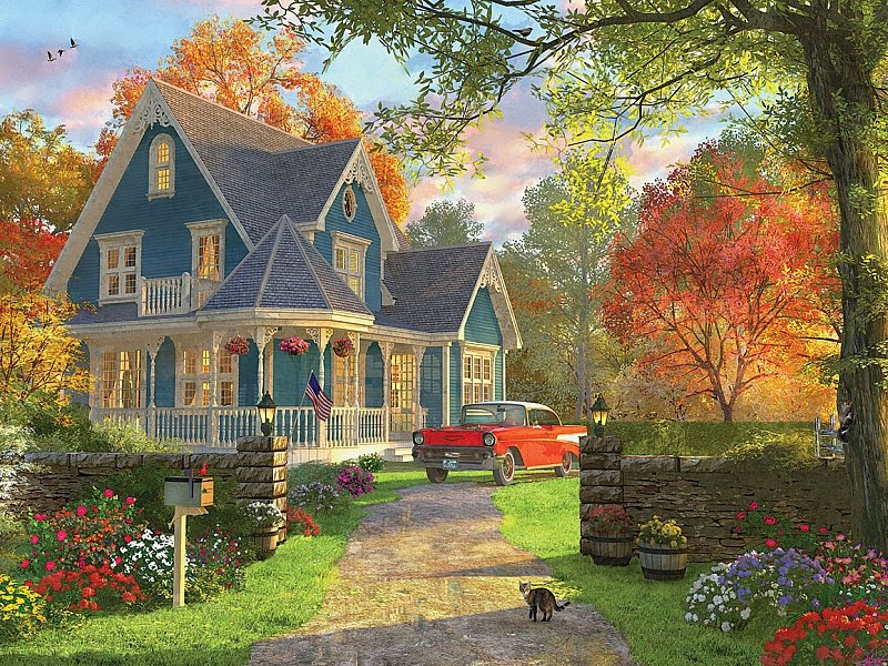 Домик - пейзаж, дом, усадьба, кот, домик, машина, природа - оригинал
