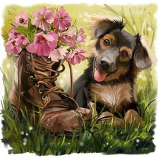 Схема вышивки «Собачка и цветы»