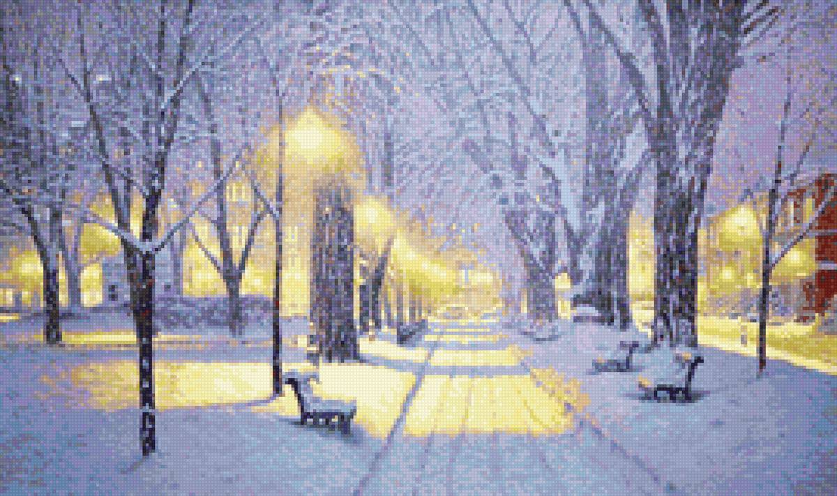 Худ. Ричард Савойя - вечер, город, фонари, пейзаж зима - предпросмотр