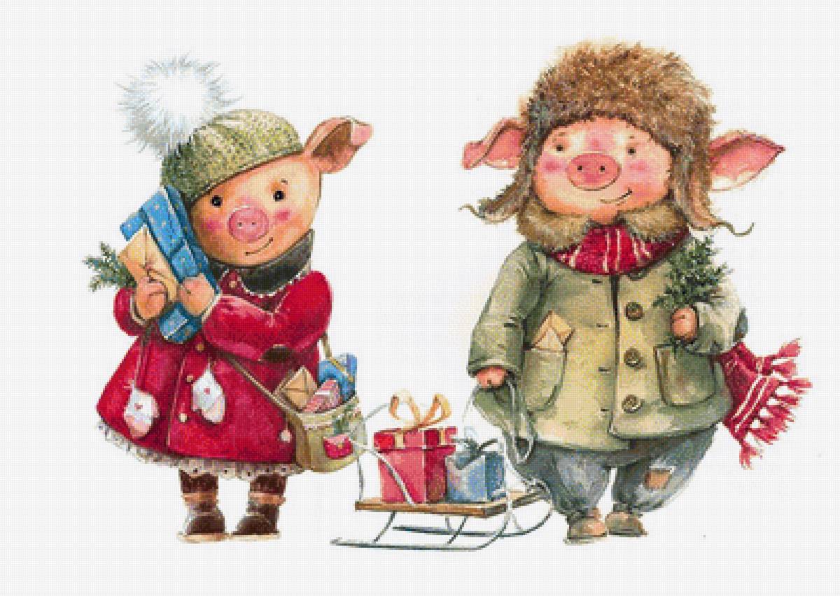 Поросята с подарками. худ. Марина Федотова - поросята, санки, новый год, подарки - предпросмотр