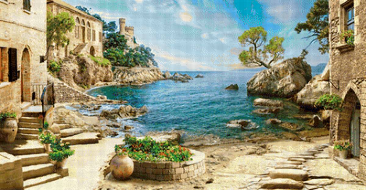 Морской пейзаж - цветы, замок, природа, лето, пейзаж, море - предпросмотр