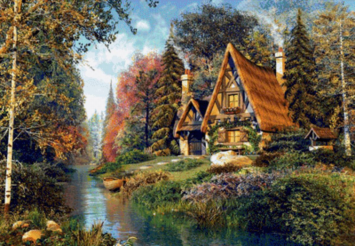 Домик в лесу - домик, природа, лодка, дом, лес, пейзаж, река - предпросмотр