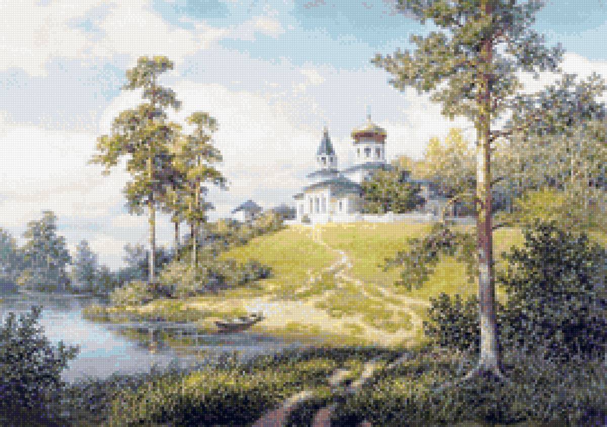 Худ. Сатаров М. Под Звенигородом. - пейзаж, река, церковь, лето - предпросмотр