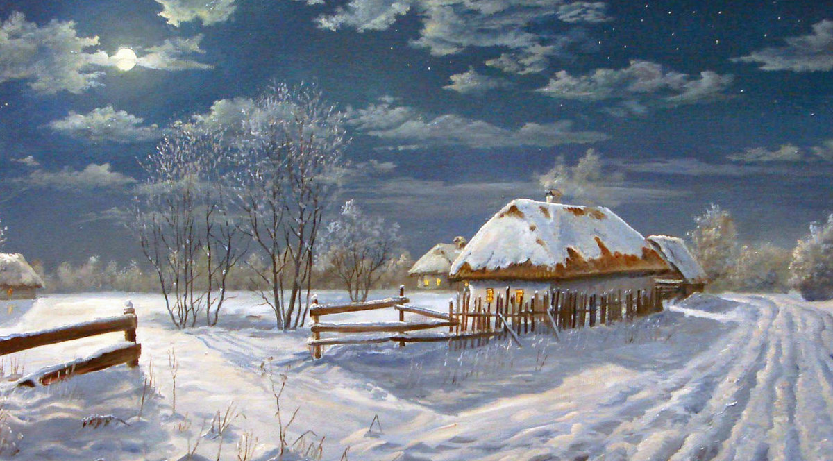 Село. Лунная ночь - деревня, природа, пейзаж зима, снег - оригинал