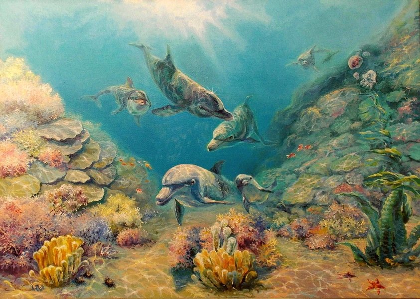 Подводный мир. худ С.Бессонов - море, дельфины, кораллы - оригинал