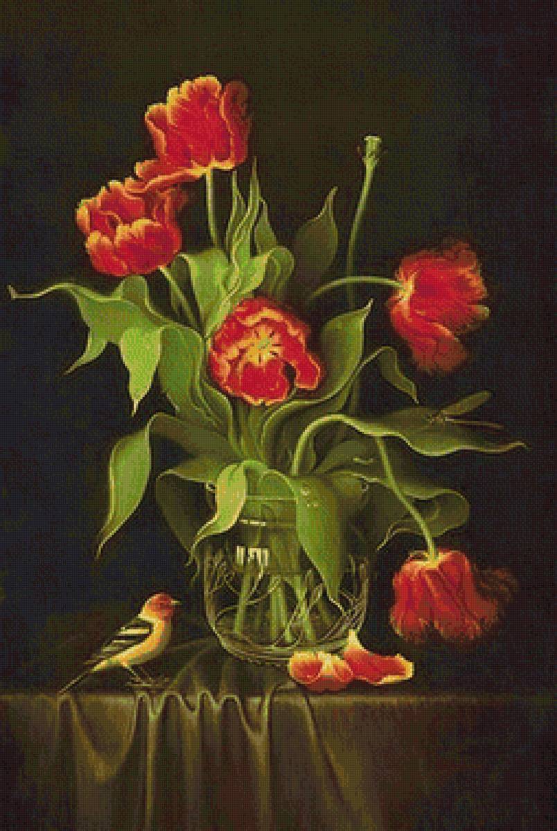 Натюрморт - живопись, цветы, птица, ваза, натюрморт - предпросмотр