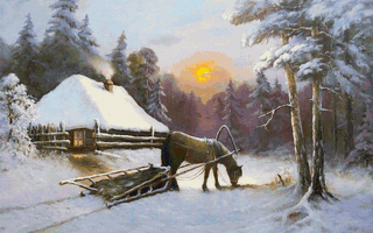 Худ.Соловьев Сергей Николаевич ЗИМНИЙ ВЕЧЕР - деревня, пейзаж зима, лошадь, снег - предпросмотр