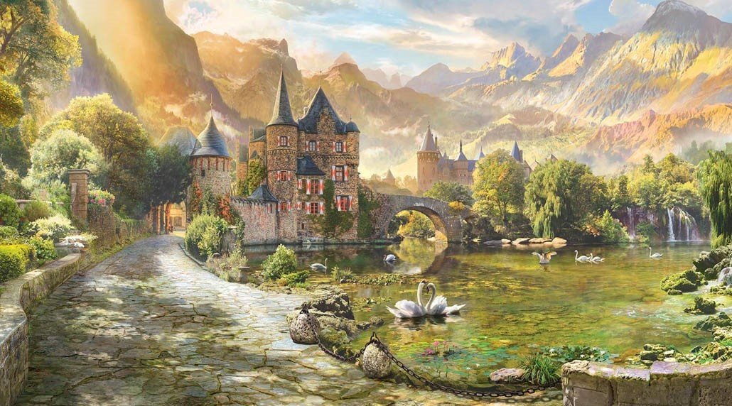 Замок в горах - озеро, замок, лебеди, природа, горы, птицы, мост, пейзаж - оригинал