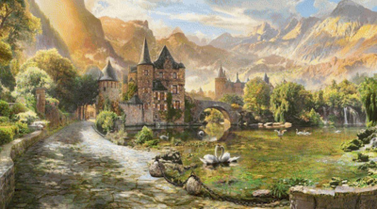 Замок в горах - замок, птицы, лебеди, горы, мост, природа, пейзаж, озеро - предпросмотр