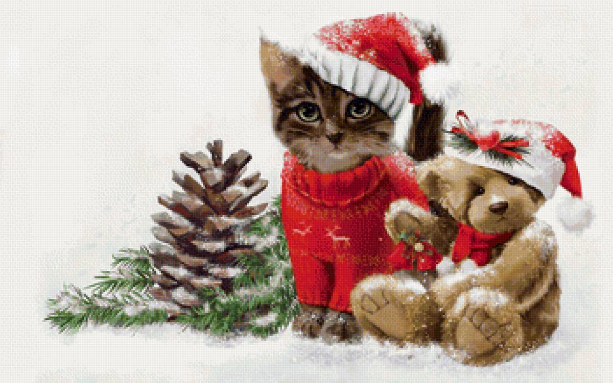 Новогодний котёнок - рисунок, котенок, зима, животные, снег, кот, мишка, шишка, котик - предпросмотр