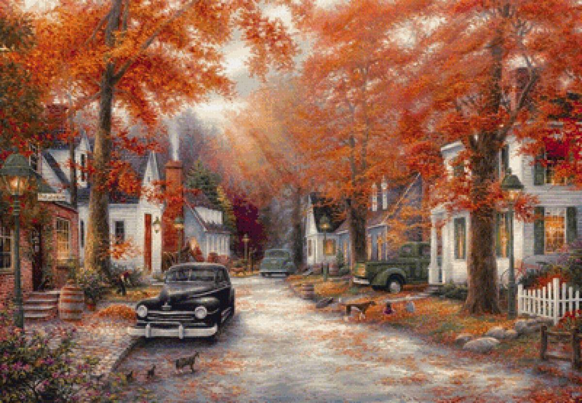 Осенний пейзаж - улица, пейзаж, осень, дома, домики, автор, машины - предпросмотр