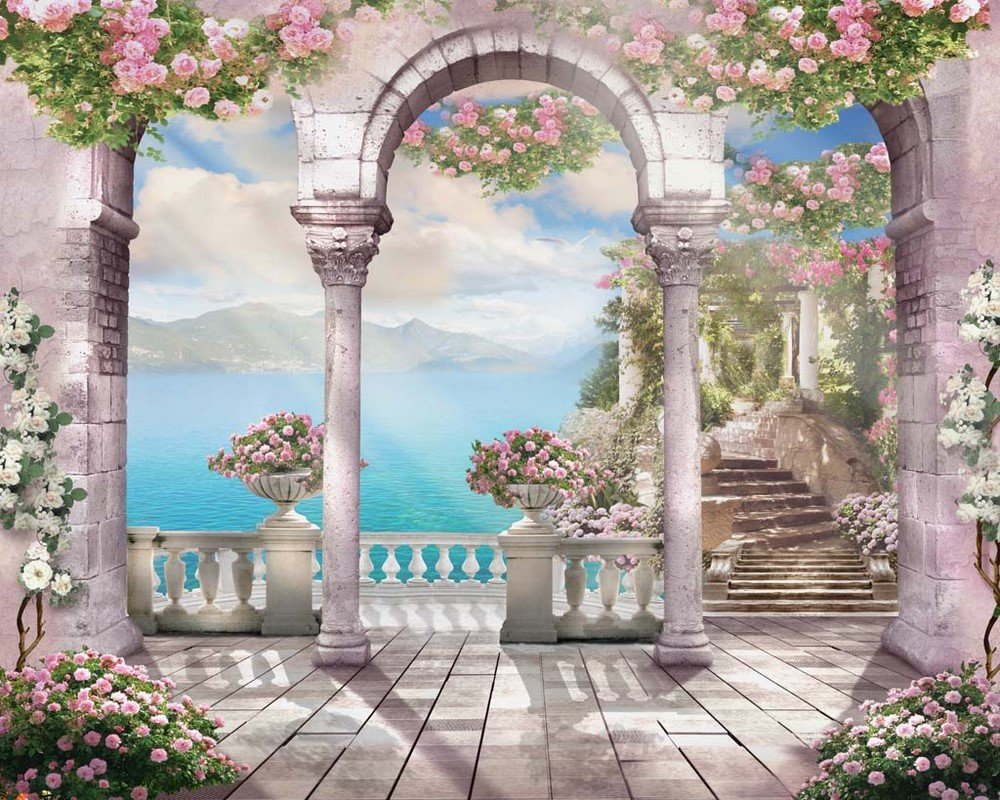 У моря - лето, природа, цветы, море, арка, пейзаж - оригинал