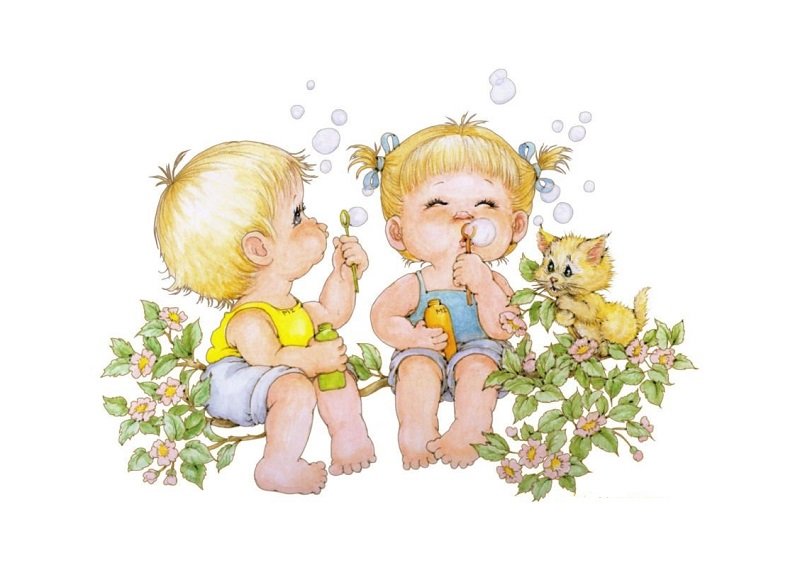Мыльные пузыри /худ. Рут Морхед/ - котенок, дети, мыльные пузыри, цветущая ветка - оригинал