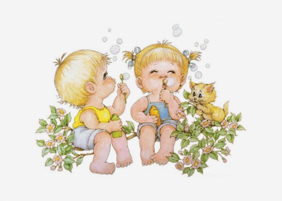 Мыльные пузыри /худ. Рут Морхед/ - мыльные пузыри, дети, цветущая ветка, котенок - предпросмотр