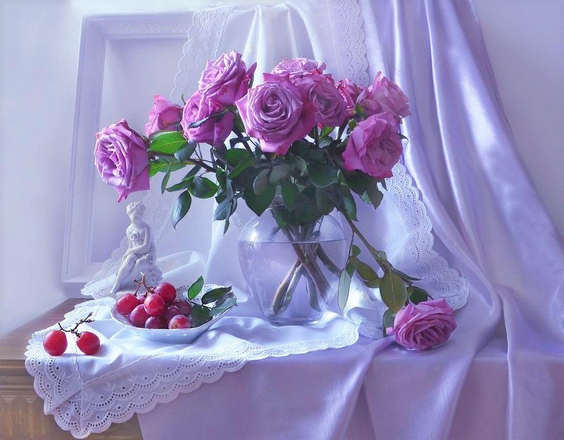 Розы - букет, натюрморт, розы, цветы, виноград - оригинал