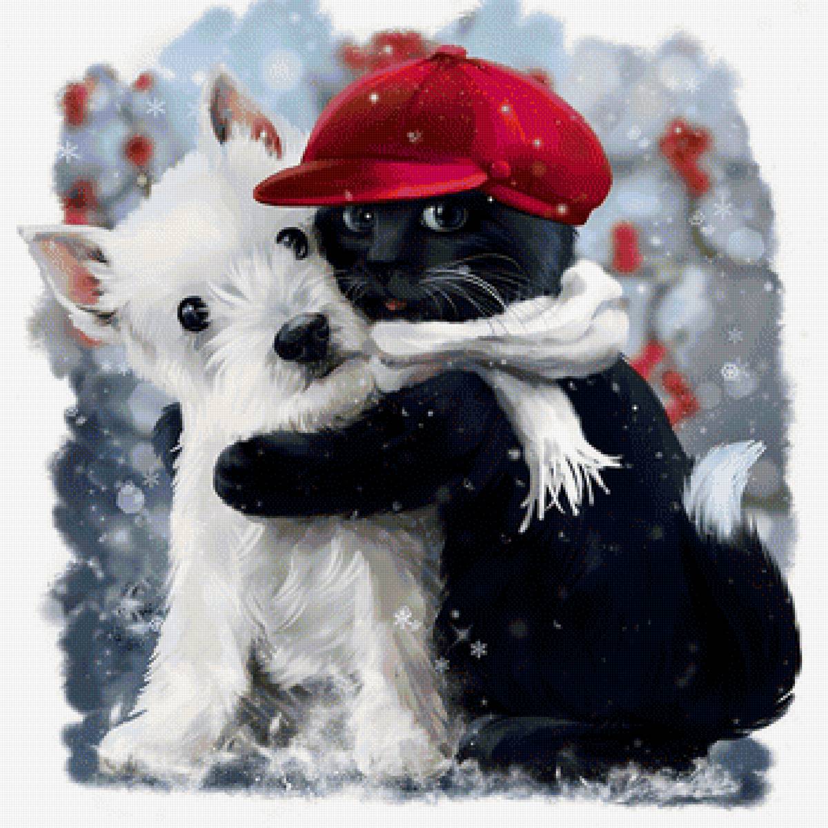 Друзья - собачка, зима, рисунок, животные, снег, кот, котик, собака - предпросмотр