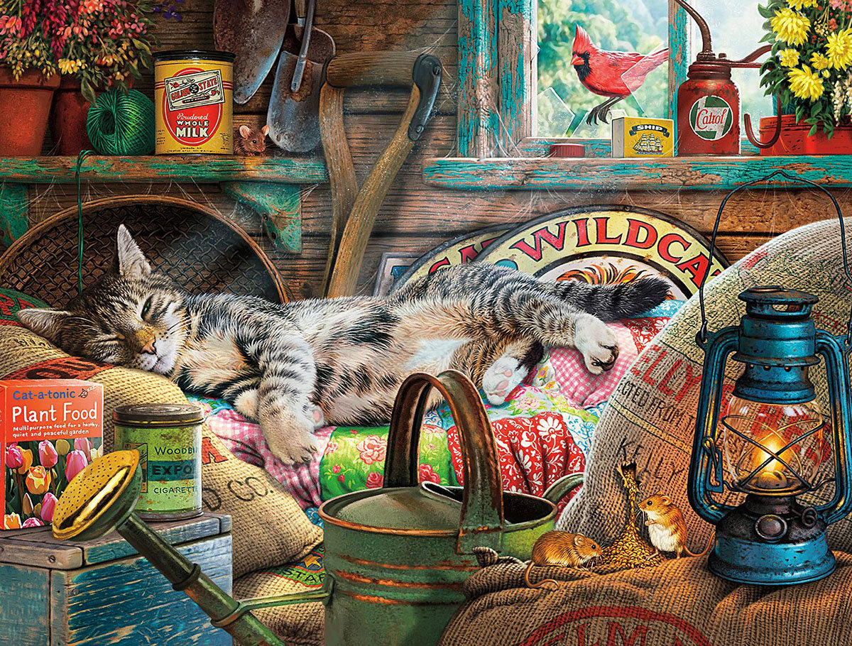 Спящий котик - рисунок, котик, мышки, животные, кот, птичка - оригинал