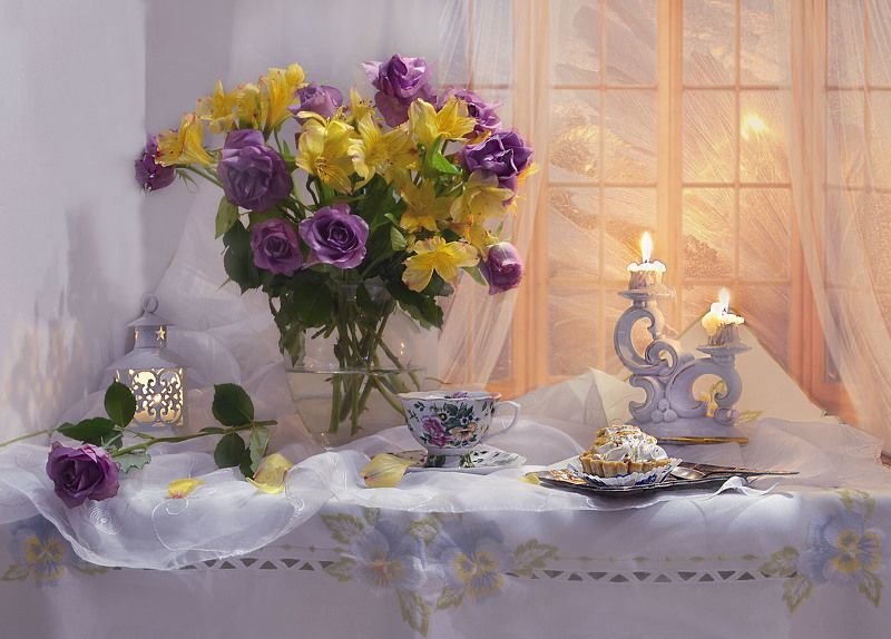 Натюрморт - свечи, десерт, букет, цветы, натюрморт - оригинал