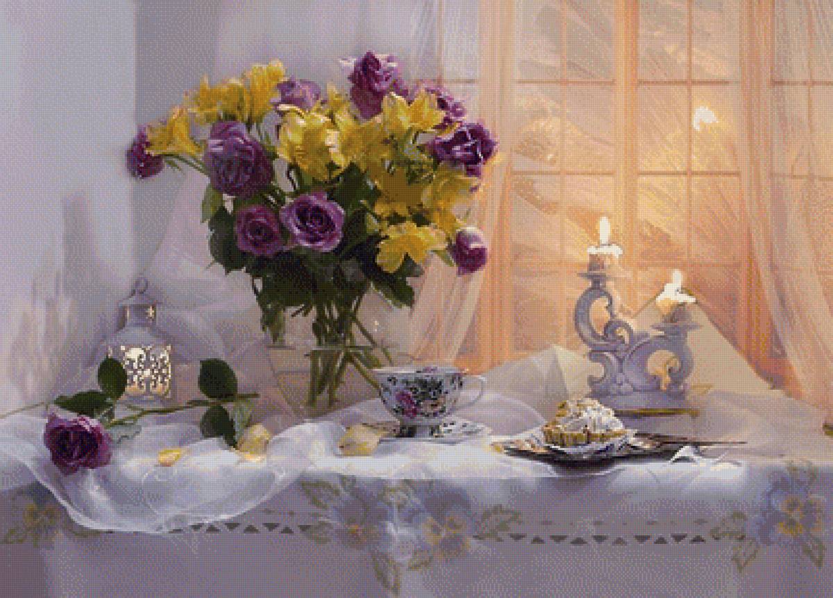 Натюрморт - натюрморт, свечи, десерт, цветы, букет - предпросмотр