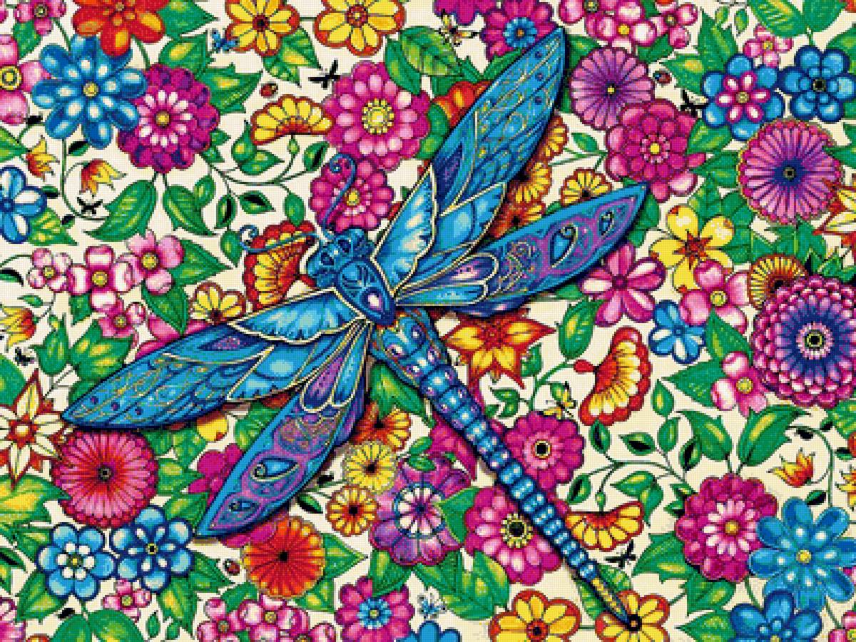 Стрекоза - цветы, стрекоза, рисунок - предпросмотр