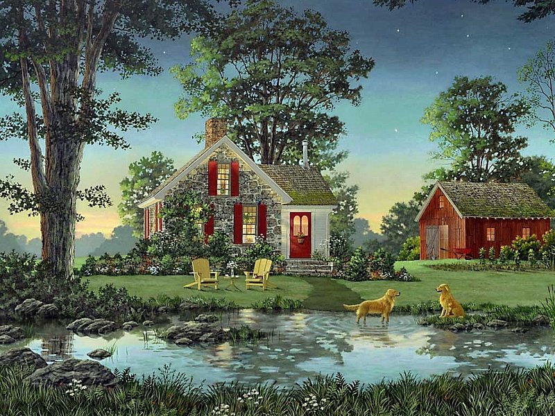 Пейзаж - природа, домик, дом, лето, собаки, пейзаж, пруд, вечер - оригинал