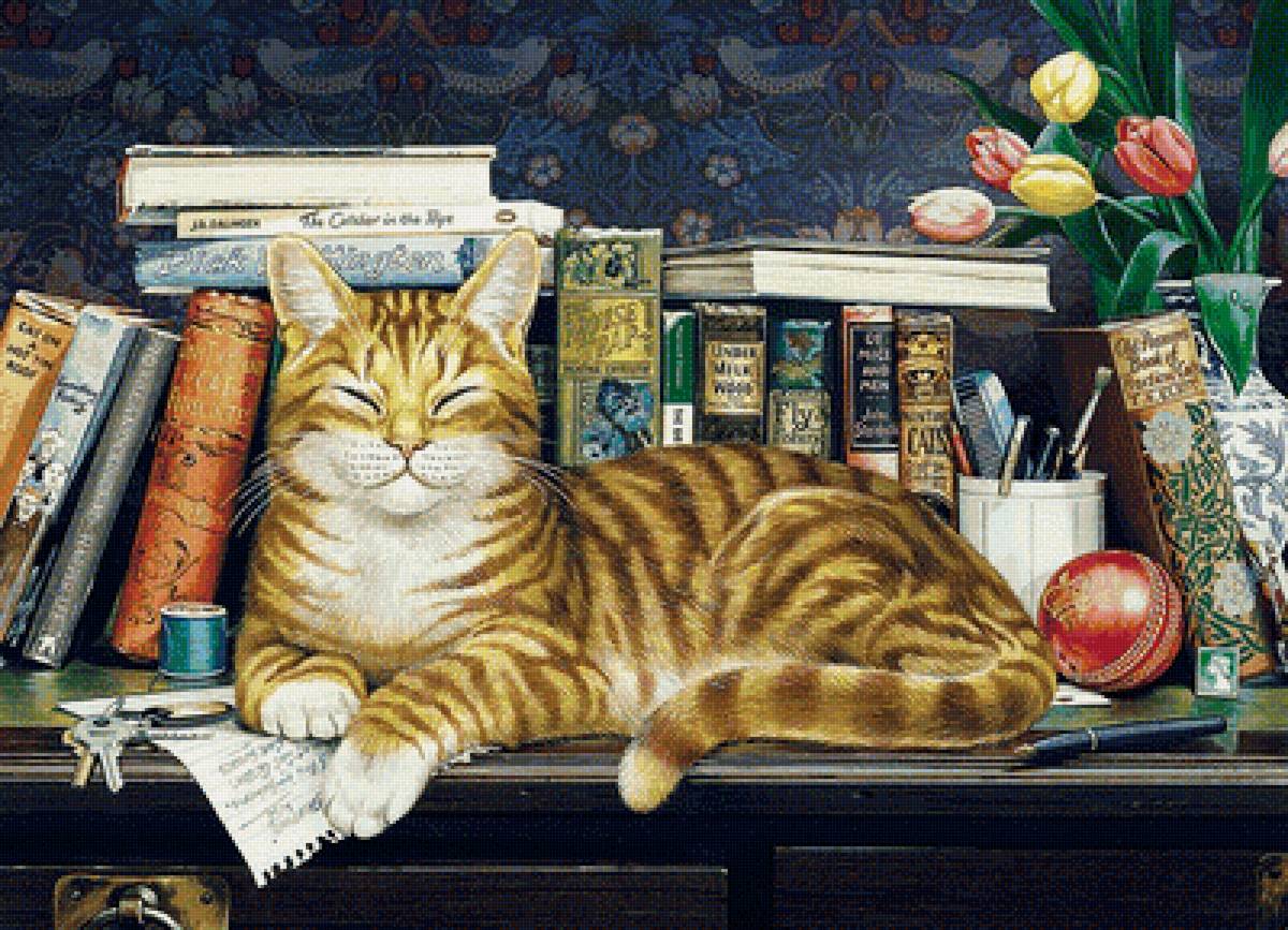 Спящий котик - животные, кот, тюльпаны, рисунок, цветы, книги, котик - предпросмотр
