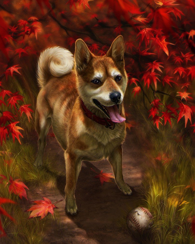 Собачка - собачка, осень, листья, рисунок, мяч, животные, собака - оригинал