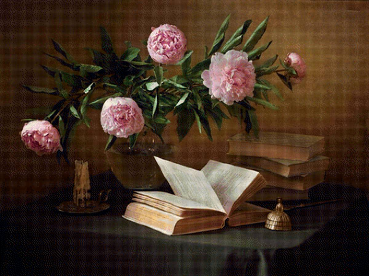 Натюрморт - книги, пионы, цветы, букет, натюрморт - предпросмотр
