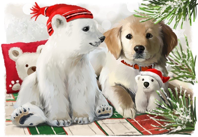 Друзья - собачка, животные, мишка, зима, щенок, рисунок - оригинал