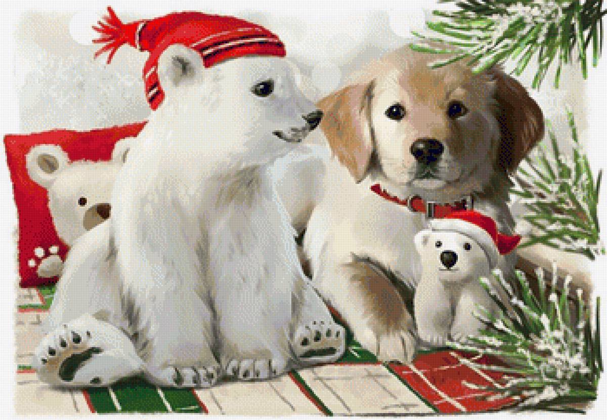 Друзья - животные, рисунок, зима, щенок, собачка, мишка - предпросмотр