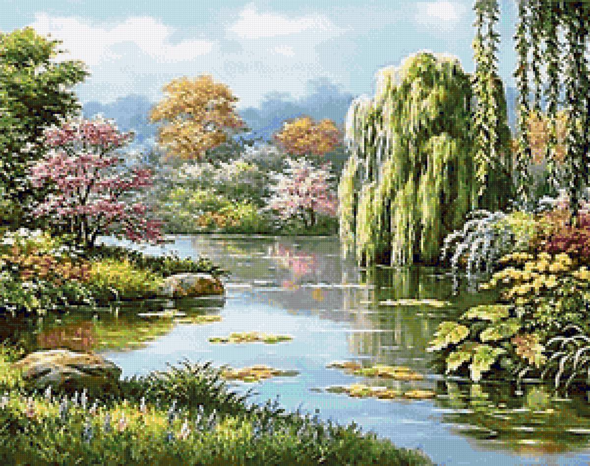 Дивный сад - ива, река, цветущая вишня, сад - предпросмотр