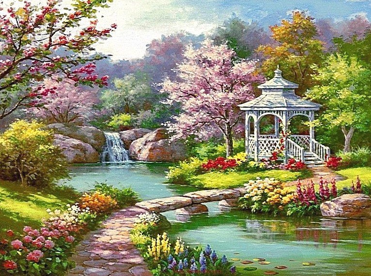Дивный сад 2 - река, сад, беседка, цветущая вишня - оригинал