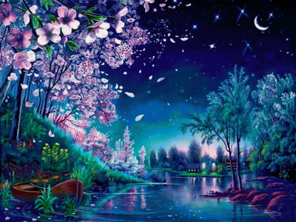 Ночь в дивном саду - сакура, река, ночь, лодка - предпросмотр
