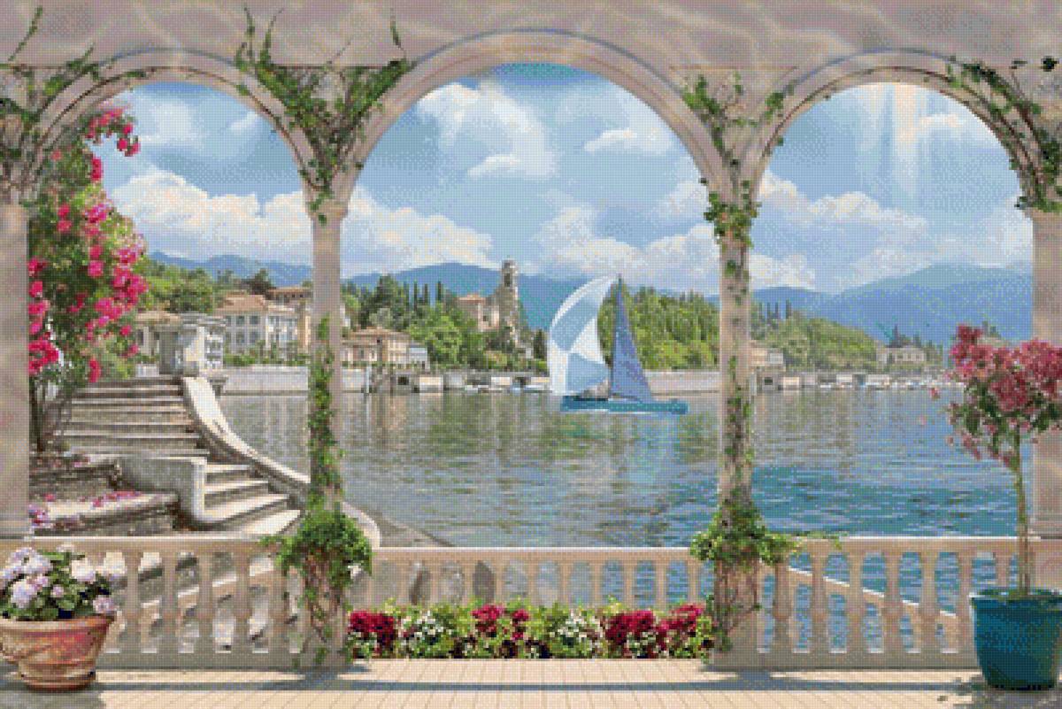 Город у моря - море, лето, город, терраса, пейзаж, природа, арка, цветы - предпросмотр