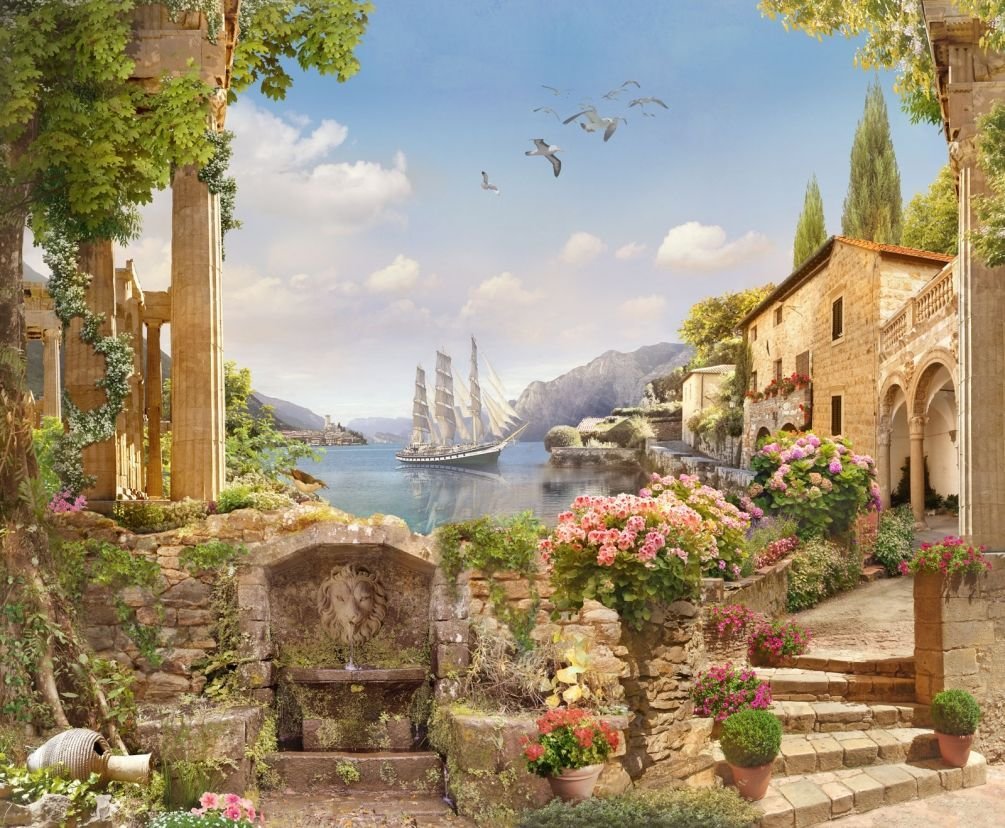 У моря - море, природа, чайки, лето, пейзаж, парусник, город, цветы - оригинал