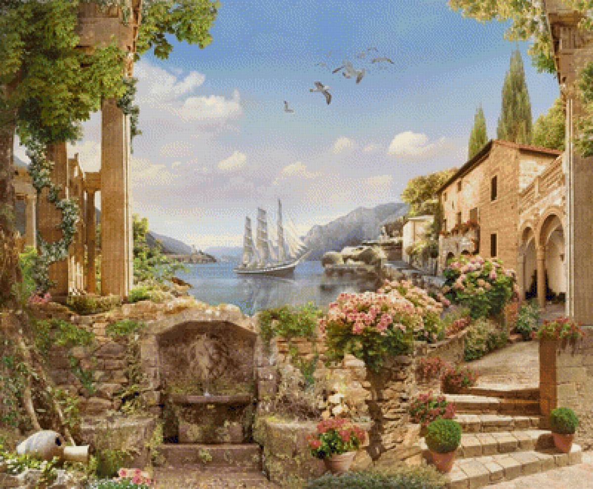 У моря - природа, город, чайки, море, парусник, пейзаж, лето, цветы - предпросмотр