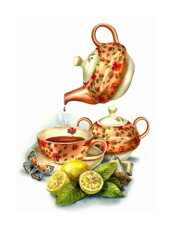 Чайный натюрморт - бабочка, лимон, чашка, чайник - оригинал