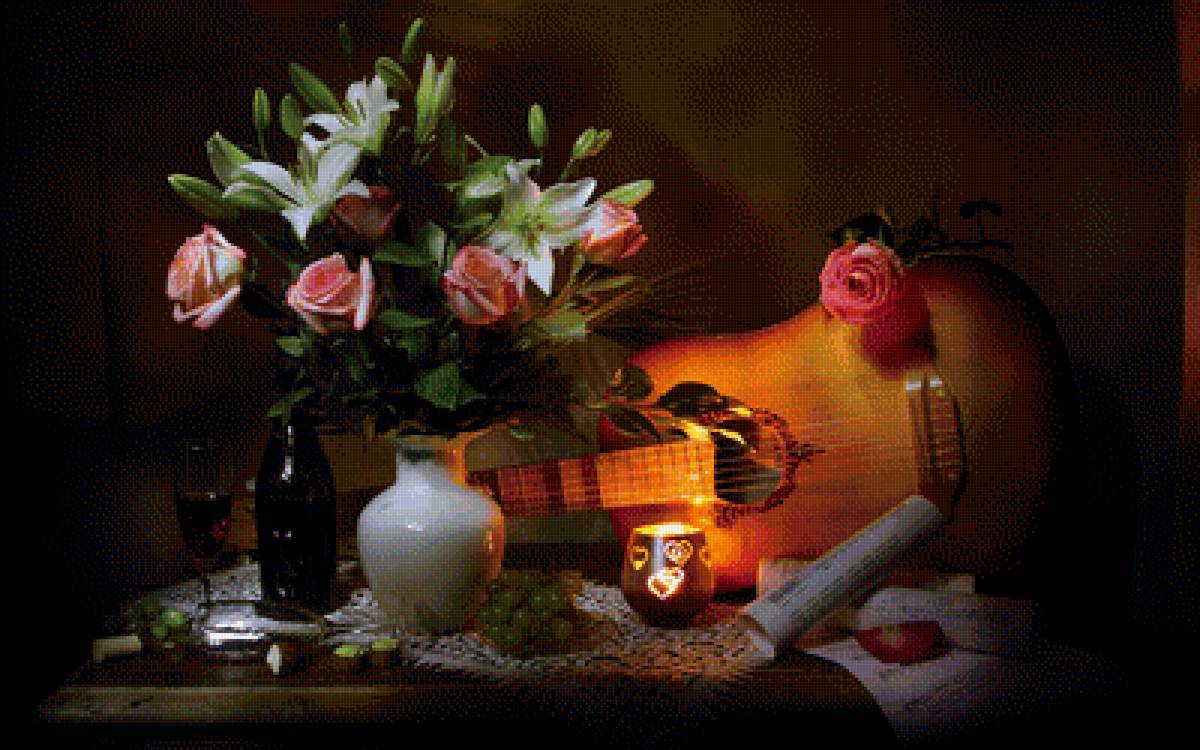 Натюрморт - букет, розы, лилии, цветы, натюрморт, гитара - предпросмотр