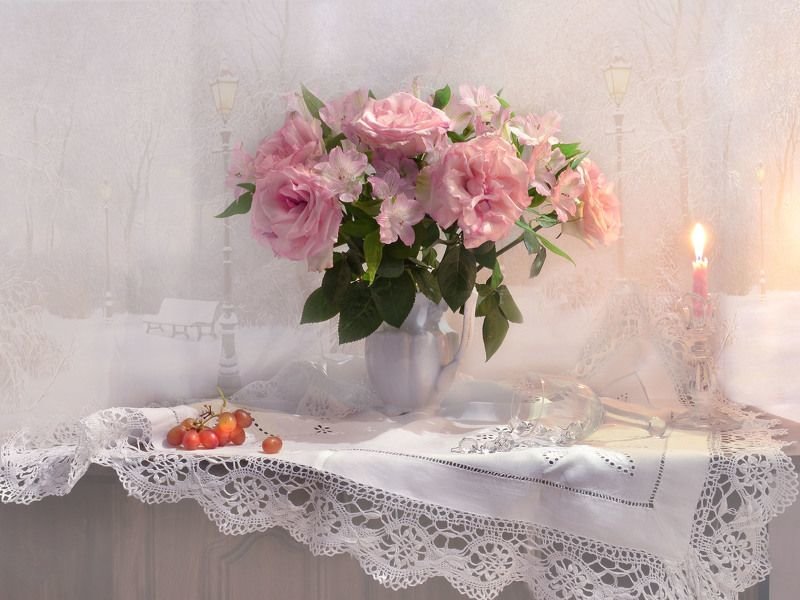 Цветы - цветы, виноград, натюрморт, букет, свеча - оригинал