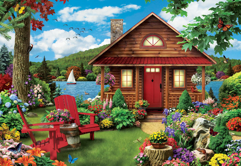 Домик у озера - дом, лето, пейзаж, домик, озеро, природа, бабочки, цветы - оригинал