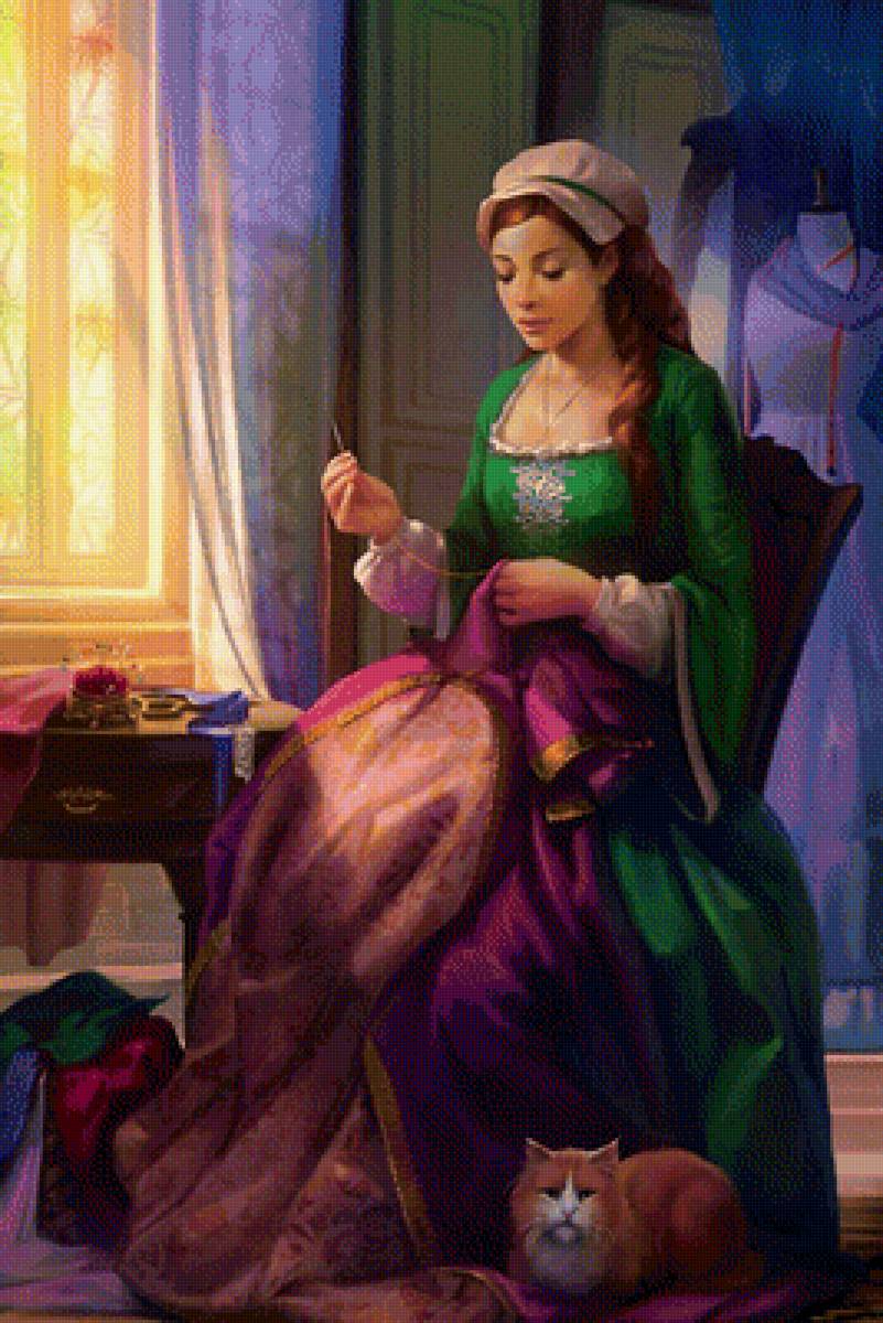 Портниха - портниха, рисунок, кот, девушка - предпросмотр