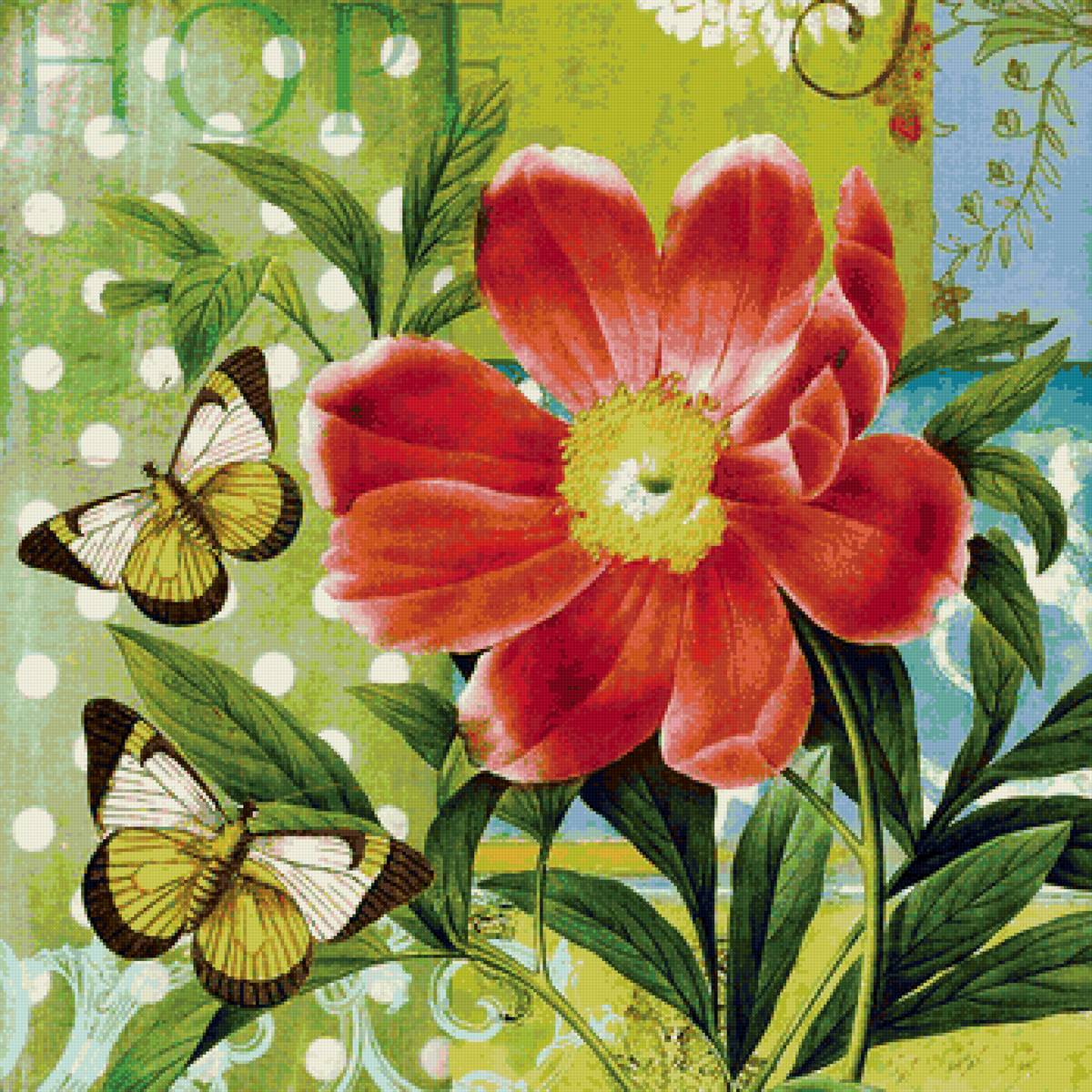 Цветок - рисунок, цветок, бабочки - предпросмотр