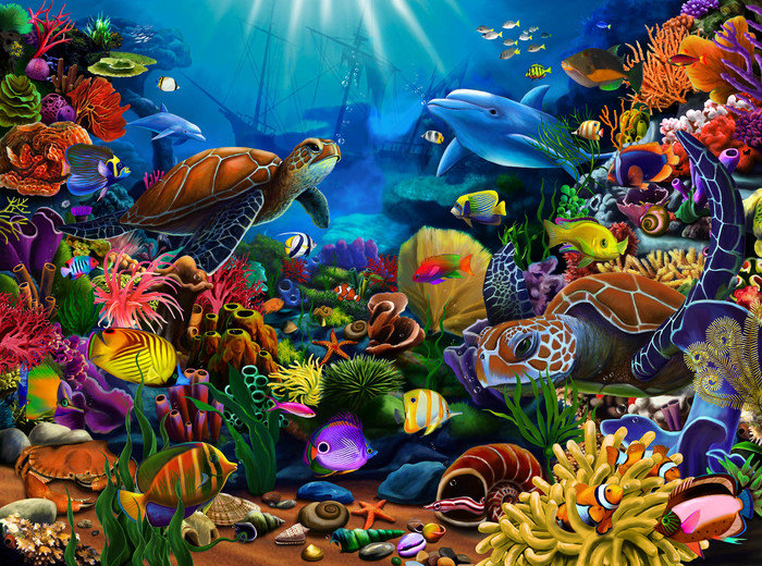 Подводный мир - море, рыбы, дельфин, подводный мир, черепахи, кораллы - оригинал