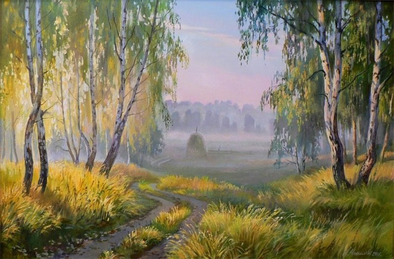 Ранне утро /худ. Игорь Прищепа/ - утро, дорога, березы, лес - оригинал