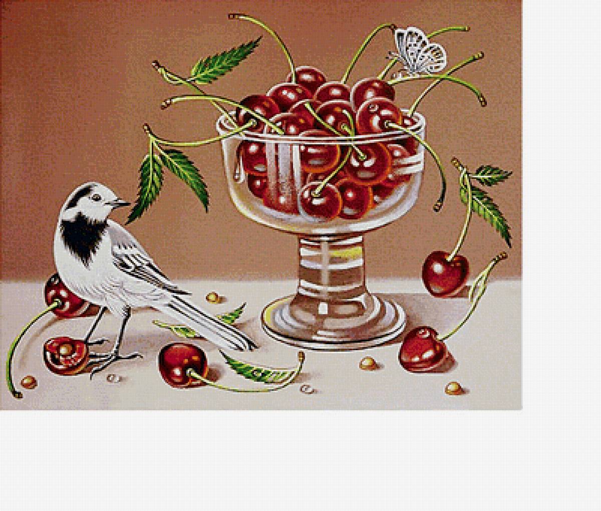 Птица и вишня - натюрморт - предпросмотр