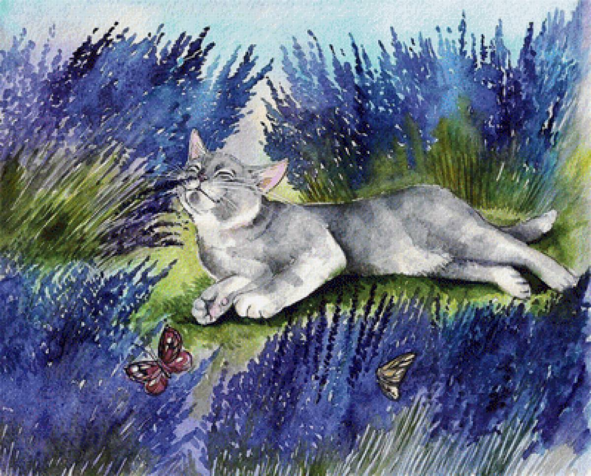 Кот в лаванде. - живопись. - предпросмотр