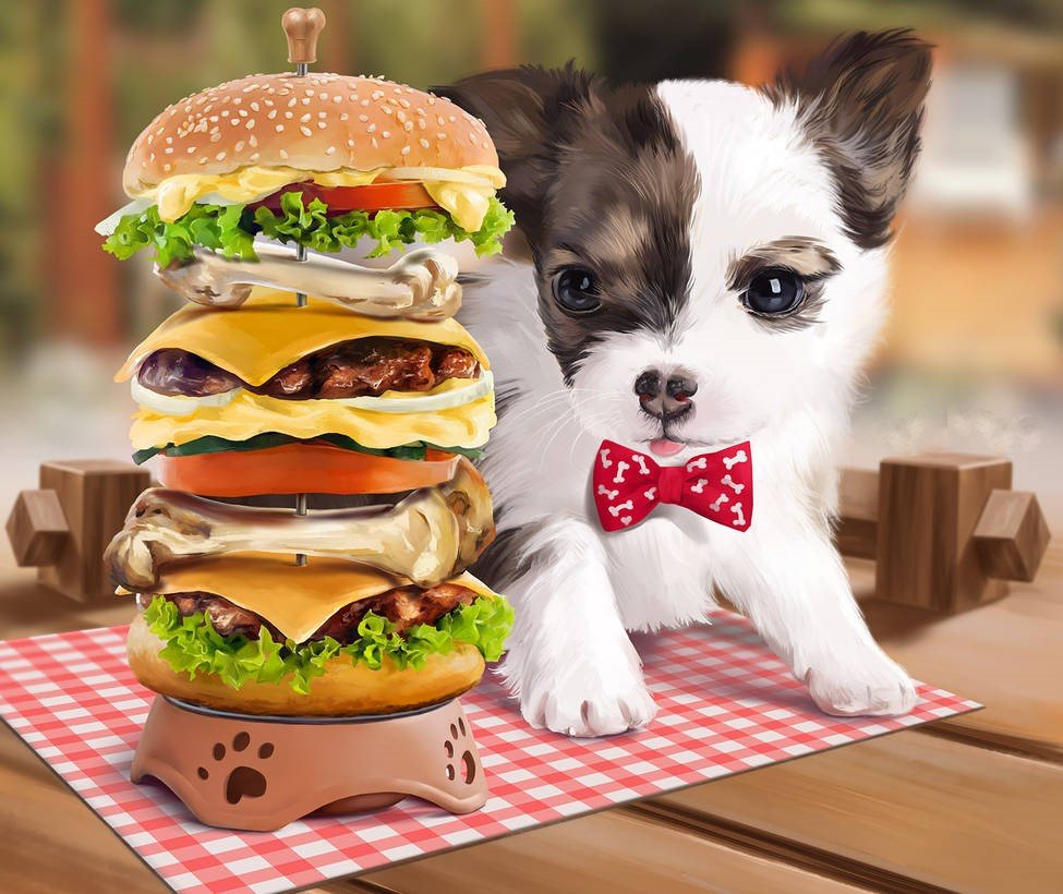 Вкусняшка - щенок, собачка, рисунок, животные, гамбургер - оригинал