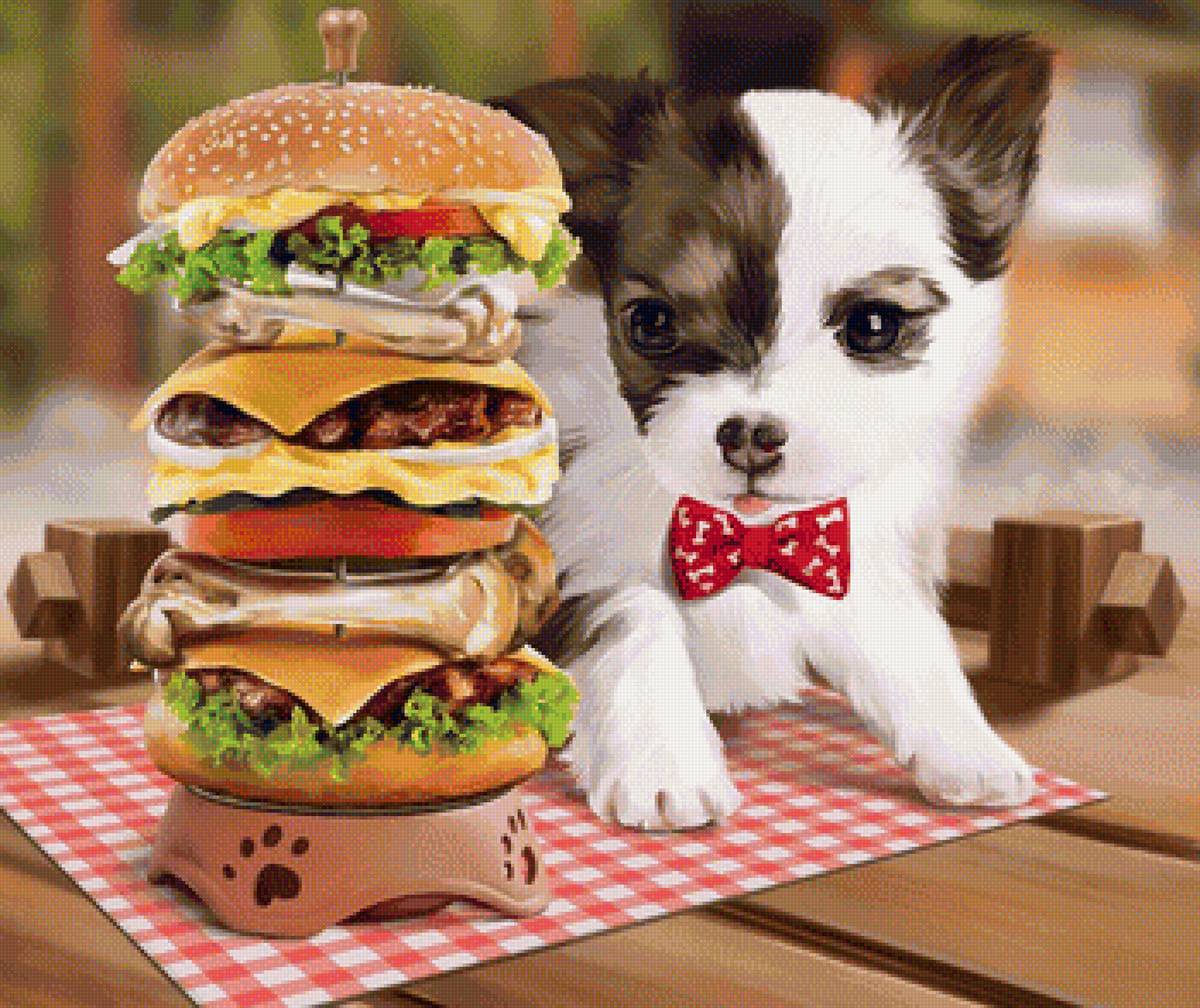 Вкусняшка - животные, щенок, гамбургер, собачка, рисунок - предпросмотр