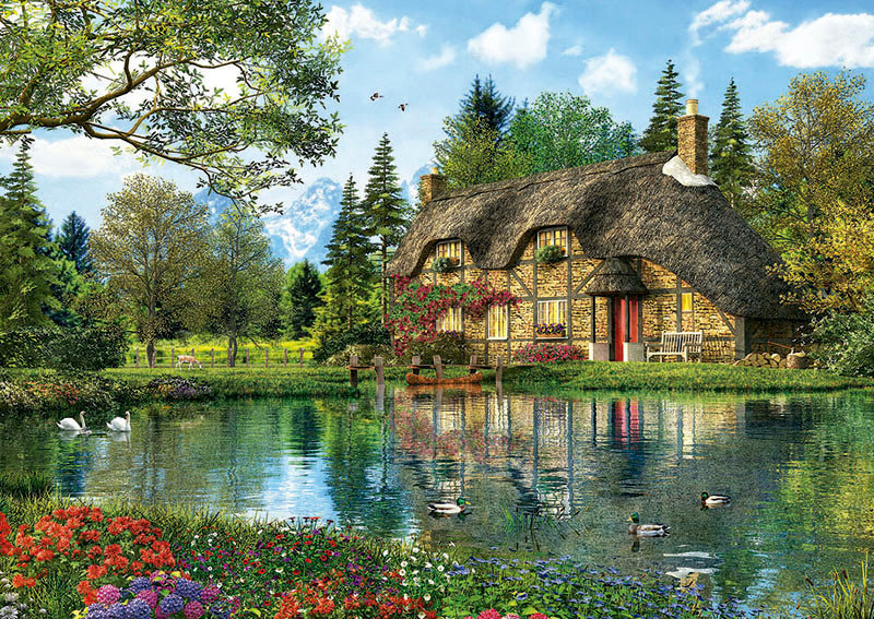 Домик у озера - дом, лето, цветы, озеро, пейзаж, природа, домик, лебеди - оригинал