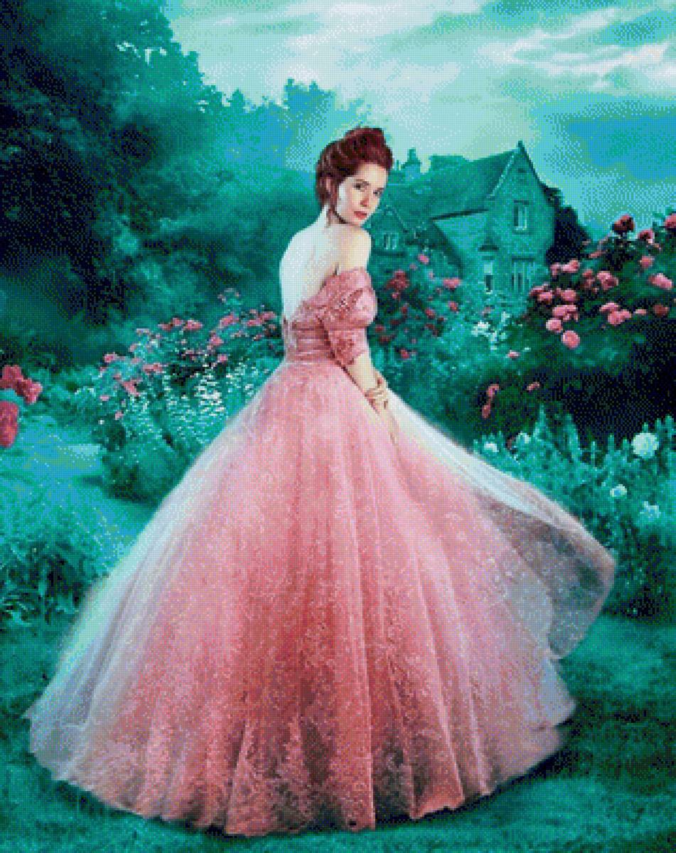 В саду - леди, дом, девушка, розы, сад, цветы - предпросмотр